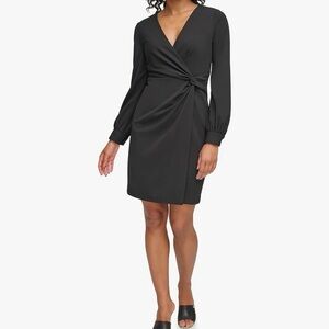 DKNY NWT Black Faux Wrap Long Sleeve Above the Knee Scuba Crepe Dress Size 4